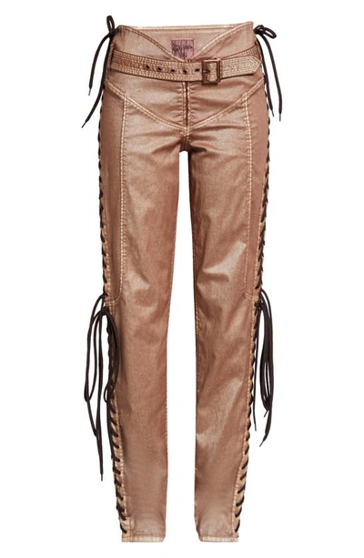 Shop Jean Paul Gaultier X Knwls Laced Side Coated Stretch Denim Pants In Brown/ Ecru