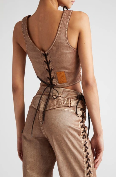 Shop Jean Paul Gaultier X Knwls Laced Detail Denim Crop Top In Brown/ Ecru