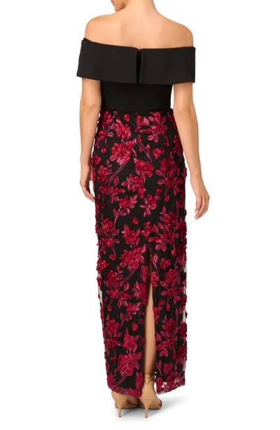 Shop Adrianna Papell Embroidered Off The Shoulder Crepe Column Gown In Black/ Red