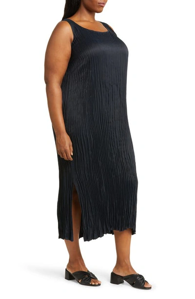 Shop Eileen Fisher Pleated Scoop Neck Midi Dress In Black