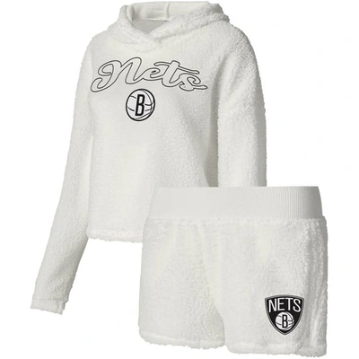 Shop College Concepts Cream Brooklyn Nets Fluffy Long Sleeve Hoodie T-shirt & Shorts Sleep Set