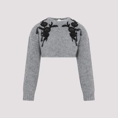 Shop Erdem Cropped Long Sleeve Knit Sweater In Grey Melange