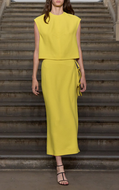 Shop Emilia Wickstead Reve Tie-detailed Crepe Midi Skirt In Yellow
