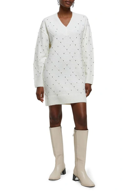 Shop River Island Leonie Crystal Embellished Long Sleeve Sweater Dress In Cream