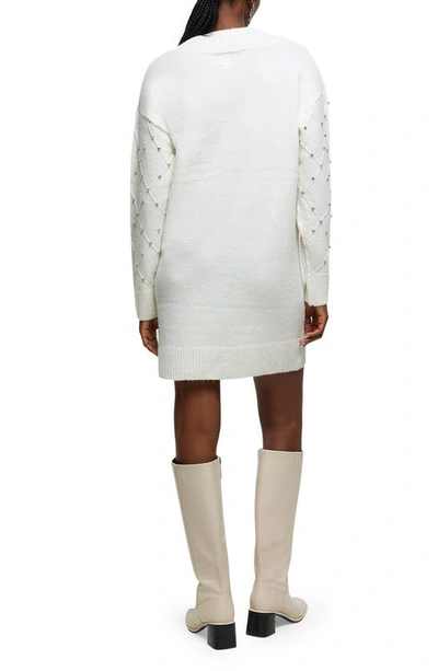 Shop River Island Leonie Crystal Embellished Long Sleeve Sweater Dress In Cream