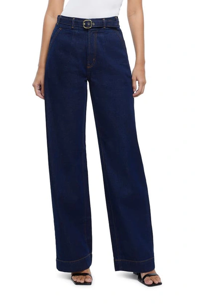 Shop River Island Cayanne Belted Rigid Wide Leg Jeans In Blue