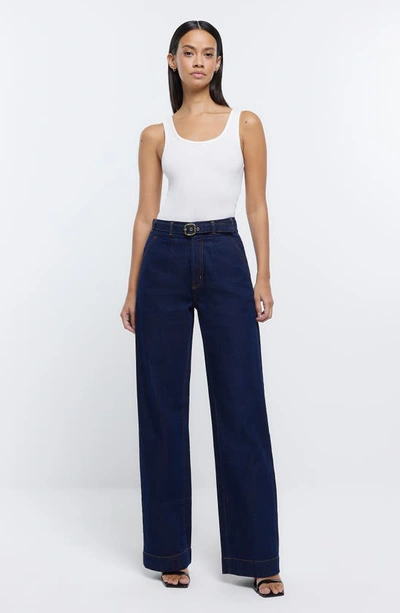 Shop River Island Cayanne Belted Rigid Wide Leg Jeans In Blue