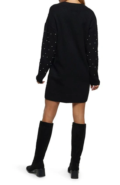 Shop River Island Leonie Crystal Embellished Long Sleeve Sweater Dress In Black