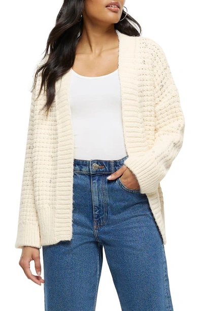 Shop River Island Crystal & Faux Pearl Embellished Open Front Cardigan In Cream