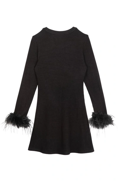 Shop Stella 88 Kids' Faux Feather Trim Long Sleeve Rib Sweater Dress In Black