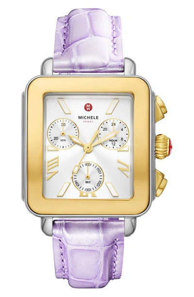 Shop Michele Deco Sport Chronograph Leather Strap Watch, 34mm X 36mm In Lavender / Two Tone