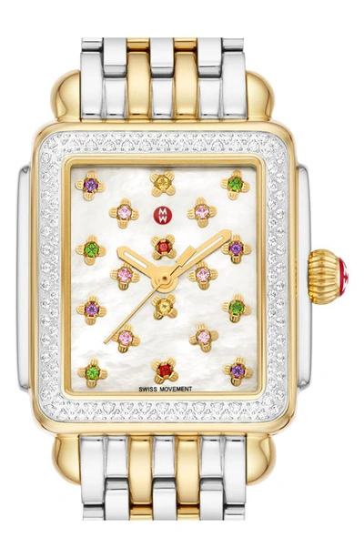 Shop Michele Deco Mid Fleur Diamond Special Edition Bracelet Watch, 29mm X 31mm In Two Tone / Multi