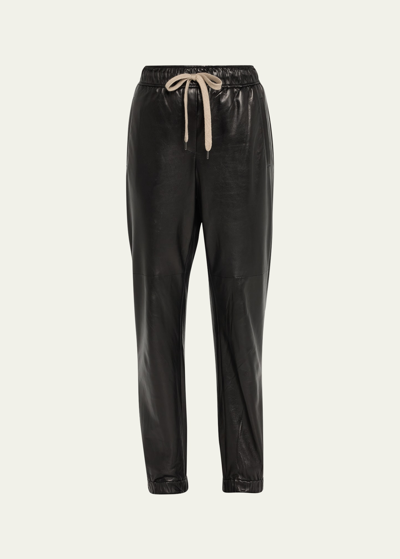 Shop Brunello Cucinelli Glossy Napa Leather Track Pants With Elasticated Waist In C101 Black
