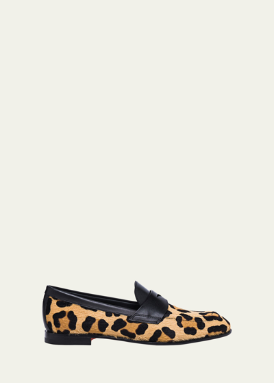 Shop Santoni Facile Leather Leopard Penny Loafers In Tan