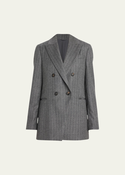 Shop Brunello Cucinelli Sparkle Pinstripe Cutaway Blazer Jacket In C001 Grey White
