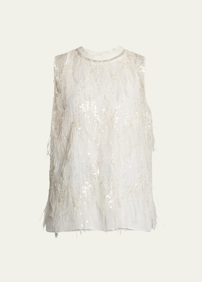Shop Brunello Cucinelli Sequin And Ostrich Feather Embellished Tank Top In C600 Natural