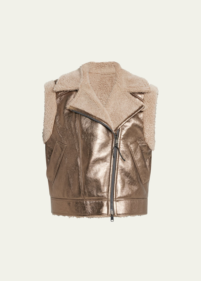 Shop Brunello Cucinelli Reversible Metallic Moto Vest With Shearling Lining In C8271 Bronze