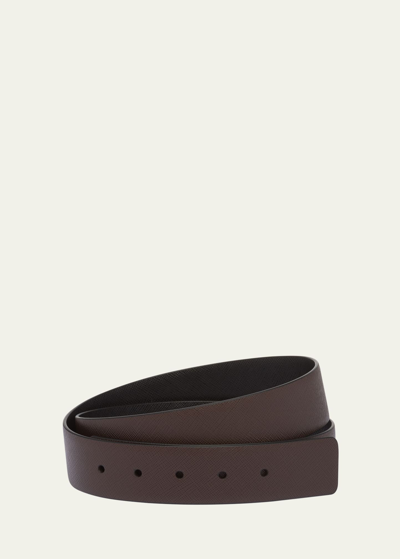 Shop Prada Men's Reversible Saffiano Leather Belt Strap In F0yih Caffe/nero