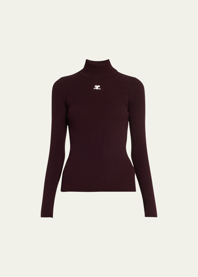 Shop Courrèges Turtleneck Long-sleeve Rib Sweater In Burgundy