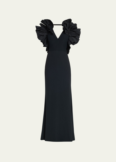 Shop Alexander Mcqueen Column Evening Gown With Ruffle Sleeves In Black