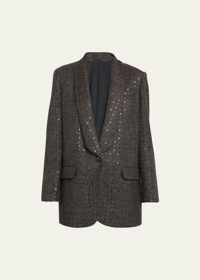 Shop Brunello Cucinelli Tweed Wool Blazer Jacket With Paillette Detail In C002 Grey