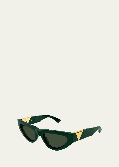 Shop Bottega Veneta Inverted Triangle Acetate Cat-eye Sunglasses In Shiny Solid Dark