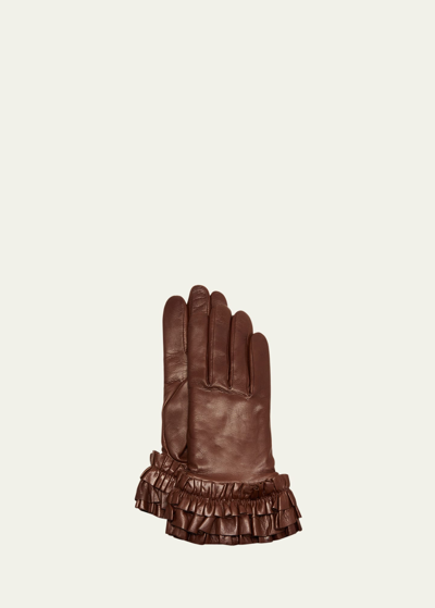 Shop Agnelle Ruffle Cuffs Leather Gloves In Whiskey