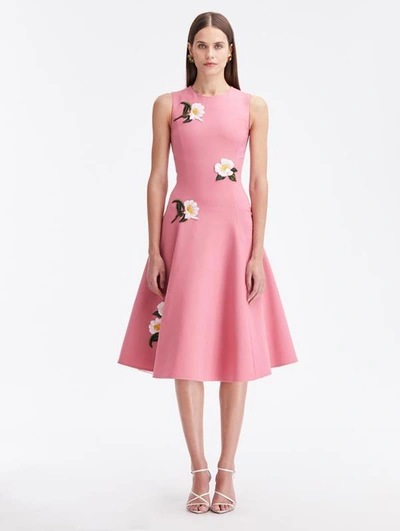 Shop Oscar De La Renta Camellia Threadwork Midi Dress In Dark Rose