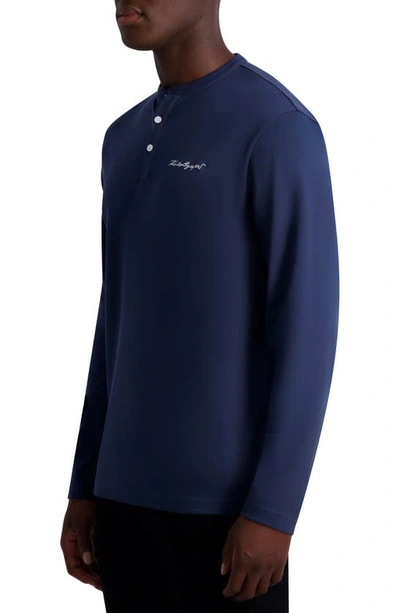 Shop Karl Lagerfeld Signature Long Sleeve Henley T-shirt In Dk Blue