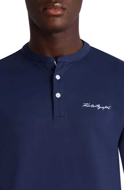 Shop Karl Lagerfeld Signature Long Sleeve Henley T-shirt In Dk Blue