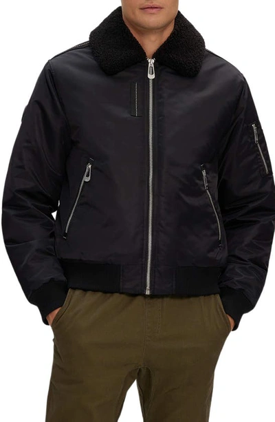 Noize Brian Faux Shearling Collar Water Resistant Short Bomber Jacket In Black