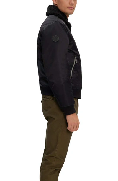 Noize Brian Faux Shearling Collar Water Resistant Short Bomber Jacket In Black
