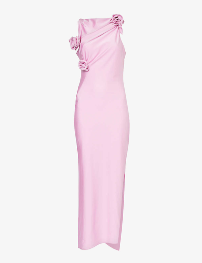 Shop Coperni Women's Pink Flower-embellished Asymmetric Stretch-woven Maxi Dress