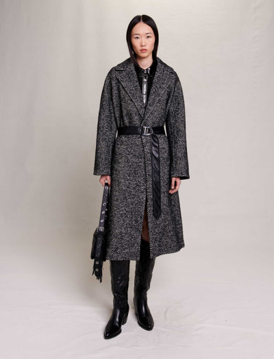 Shop Maje Long Herringbone Coat For Fall/winter In Black