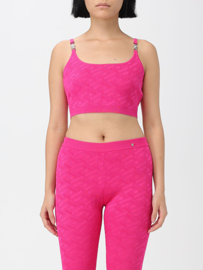 Versace La Greca Jacquard Knit Cropped Top In Pink