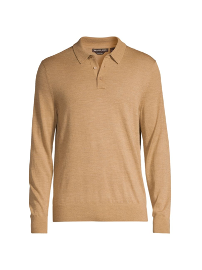 Shop Michael Kors Men's Wool Long-sleeve Polo Shirt In Dark Camel Melange