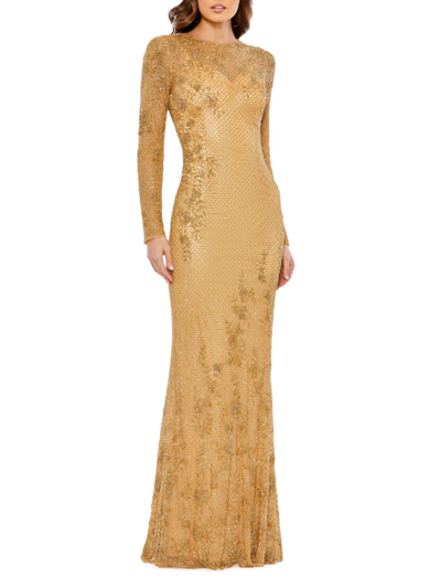 Shop Mac Duggal Women's Embellished Long Sleeve Gown In Gold