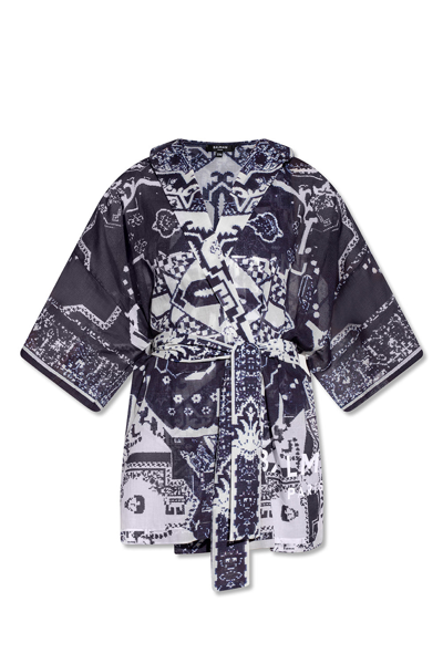 Shop Balmain Navy Blue Patterned Beach Kimono In New