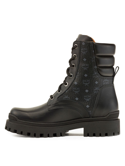 Shop Mcm Men's Visetos Logo & Leather Lug-sole Ankle Boots In Black