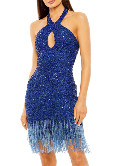 Shop Mac Duggal Women's Embellished Fringe Hem Minidress In Cobalt