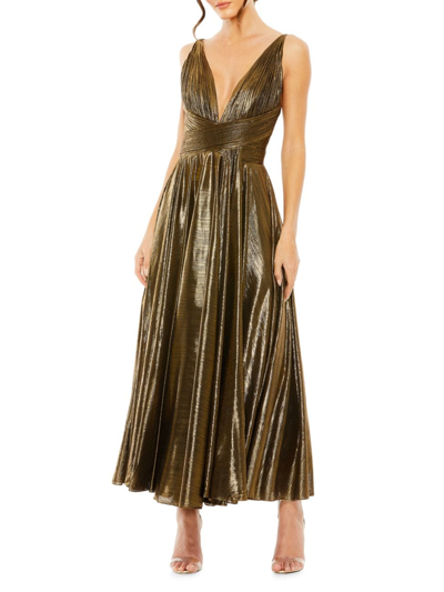 Shop Mac Duggal Women's Sleeveless V-neck Pleated Midi-dress In Antique Gold