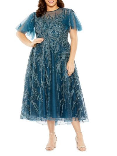 Shop Mac Duggal Women's Flutter-sleeve Embellished Dress In Ocean