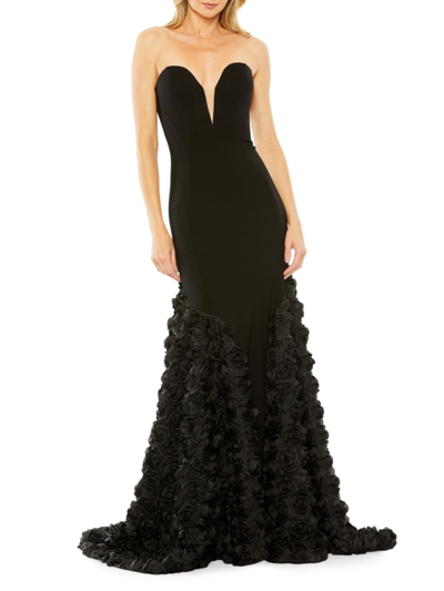 Shop Mac Duggal Women's Rose-appliquéd Satin Mermaid Gown In Black