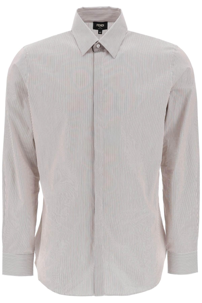 Shop Fendi Striped Cotton Shirt In White,brown