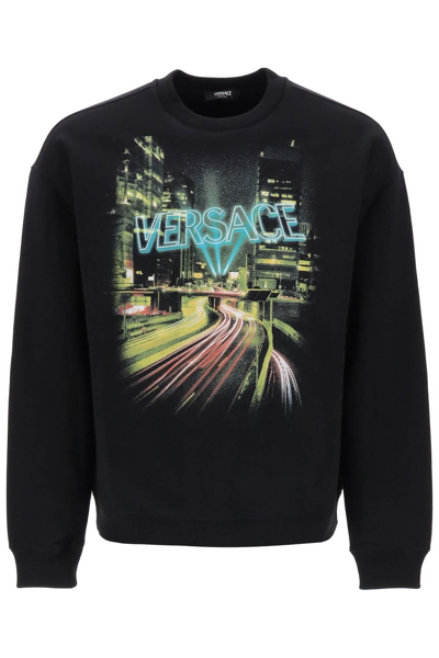 Shop Versace Crew-neck Sweatshirt With City Lights Print In Black