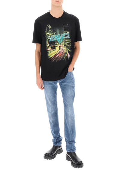 Shop Versace Crew-neck T-shirt With City Lights Print In Black