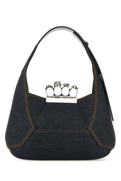 Shop Alexander Mcqueen Woman Denim The Jewelled Hobo Shoulder Bag In Blue