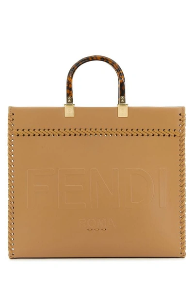 Shop Fendi Woman Beige Leather Medium Sunshine Shopping Bag In Brown