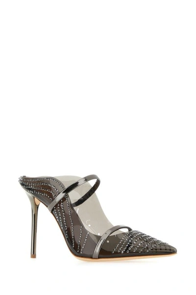 Malone Souliers Leather Mules Adorned With Rhinestones And Transparent Panels In Gray