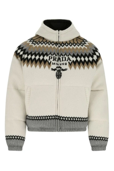 Shop Prada Man Embroidered Stretch Wool Blend Down Jacket In Multicolor